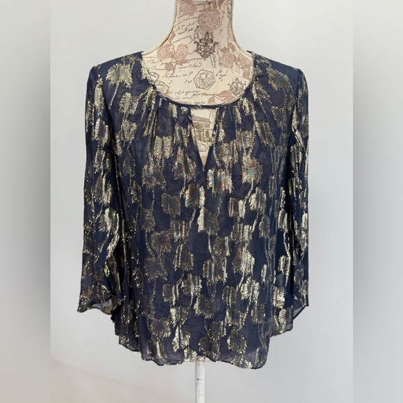 LILLY PULITZER  Sheer BECCER Silk Navy blouse with Gold palm tree design size M - Picture 10 of 16